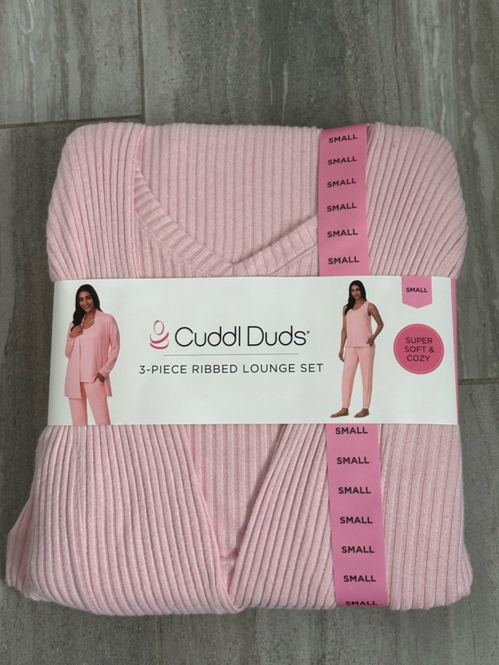 Cuddl Duds Ribbed 3-Piece Lounge Set in Pale Pink